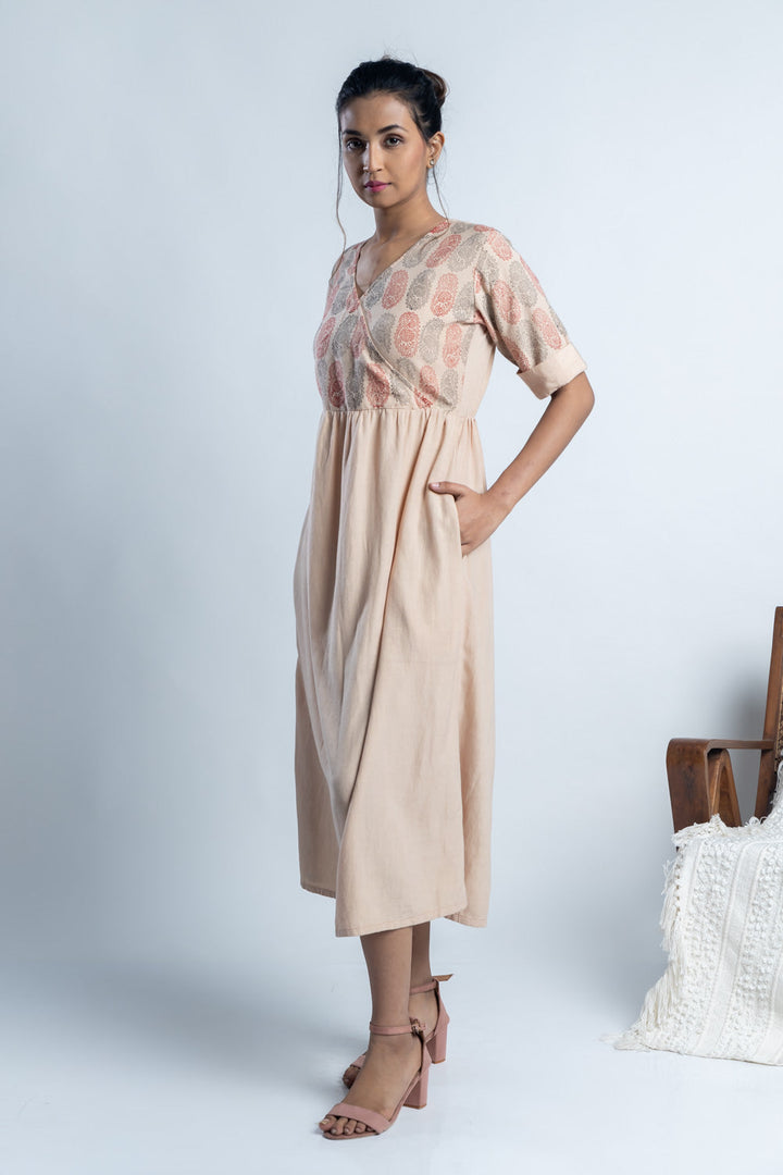 Beige block-Print Maxi Dress