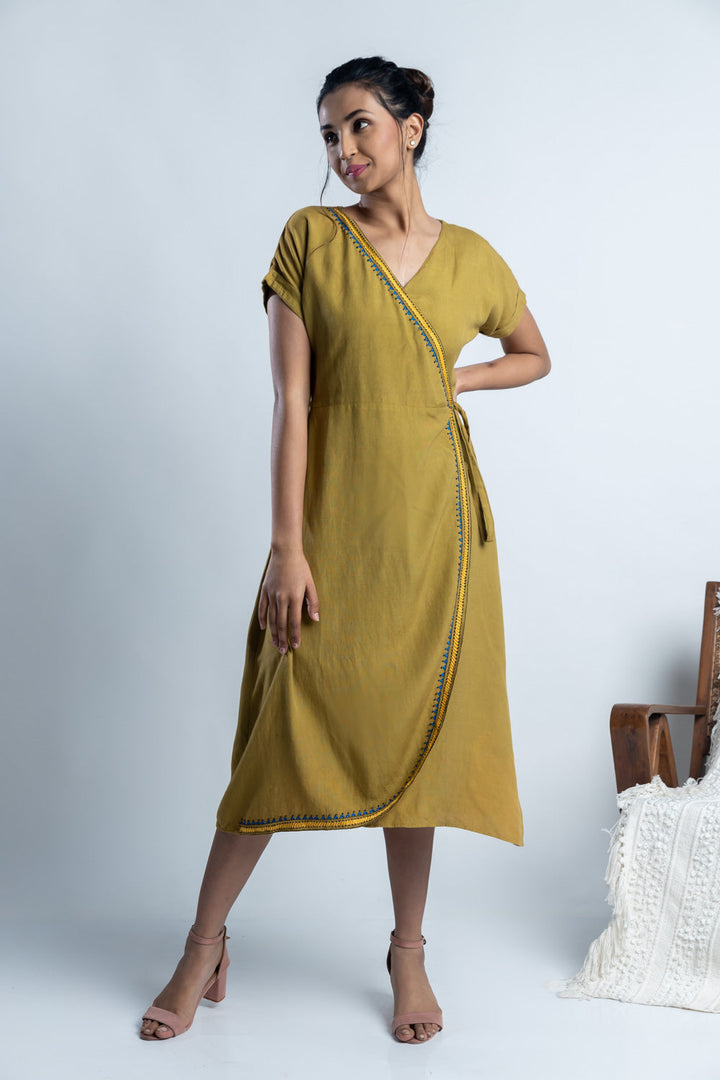 Olive Hand-Embroidered Wrap Dress