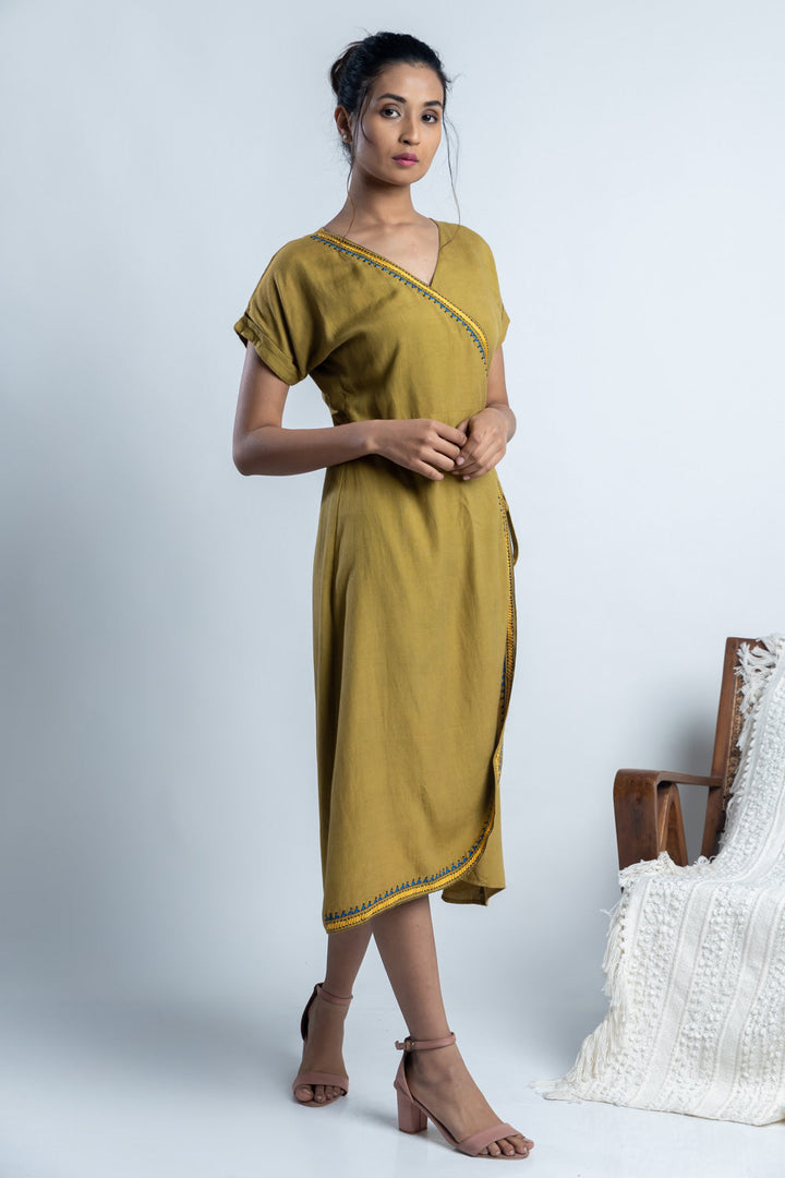 Olive Hand-Embroidered Wrap Dress