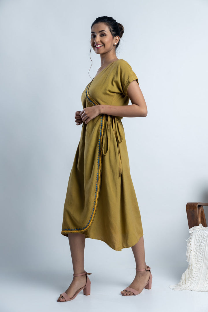 Olive Hand-Embroidered Wrap Dress