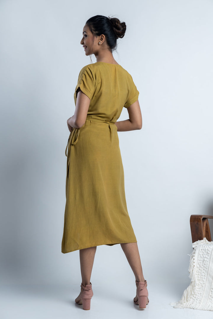 Olive Hand-Embroidered Wrap Dress