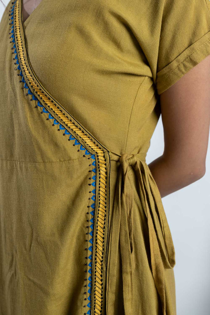 Olive Hand-Embroidered Wrap Dress