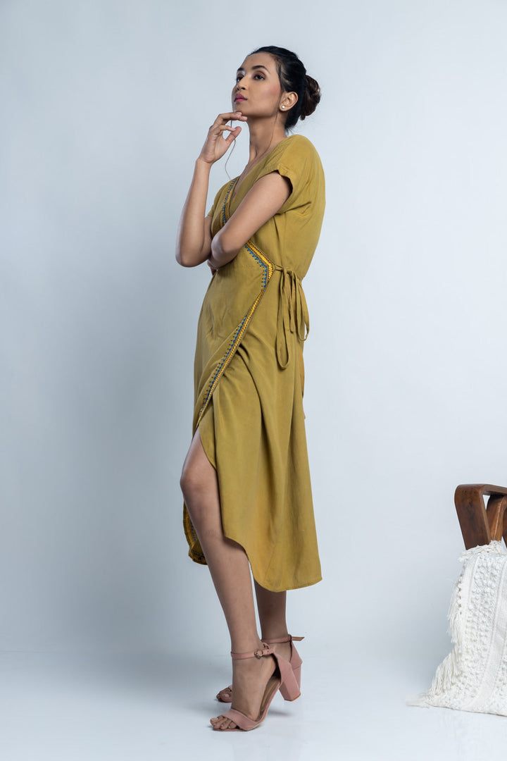 Olive Hand-Embroidered Wrap Dress