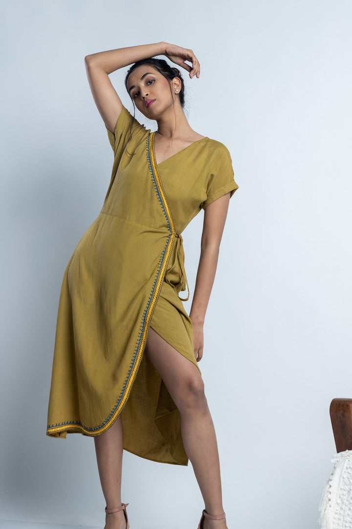 Olive Hand-Embroidered Wrap Dress