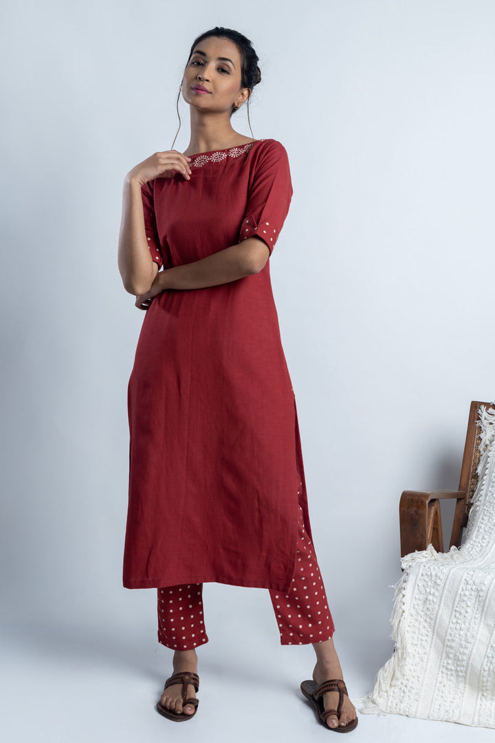 Red Hand-Block Print Kurti and Pant