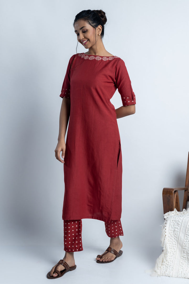 Red Hand-Block Print Kurti and Pant