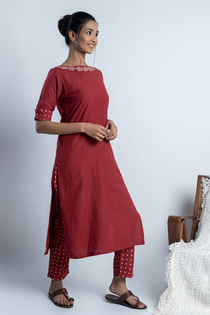 Red Hand-Block Print Kurti and Pant