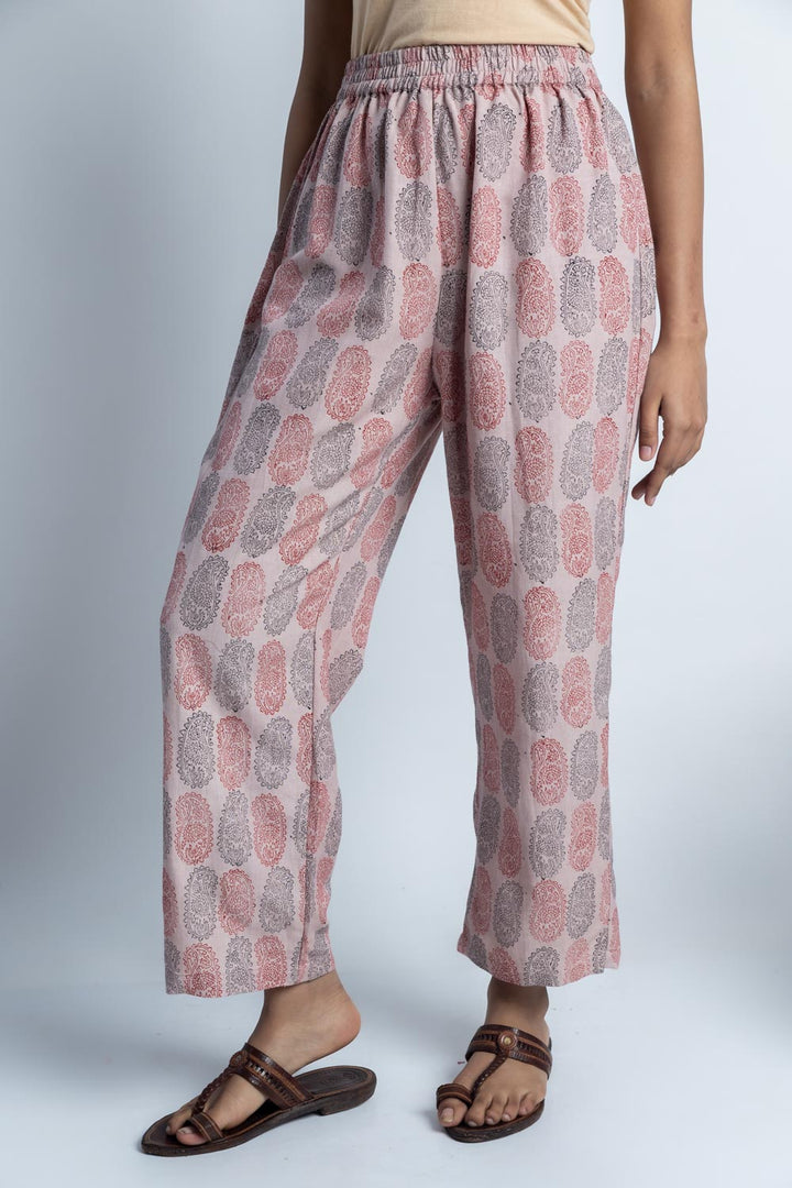 Beige Block-Print Linen Pant