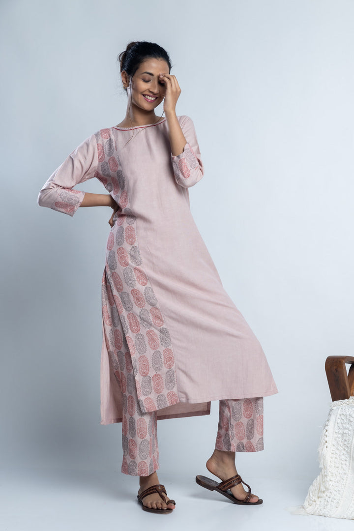 Beige Hand-Block Print Kurti and Pant