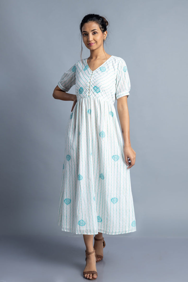 Turquoise Hand-Block Printed Maxi Dress