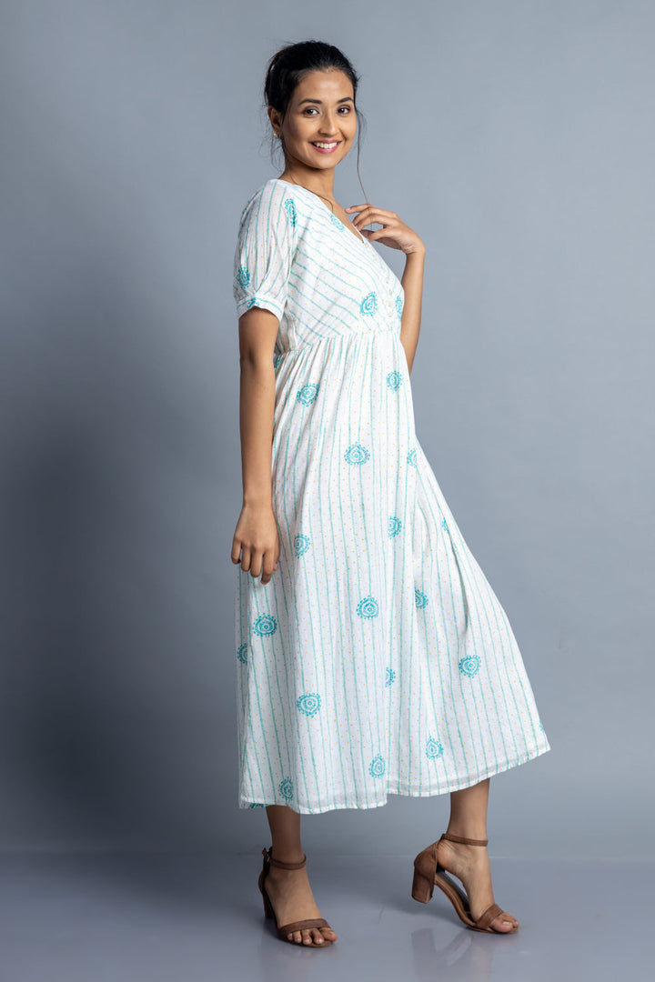 Turquoise Hand-Block Printed Maxi Dress