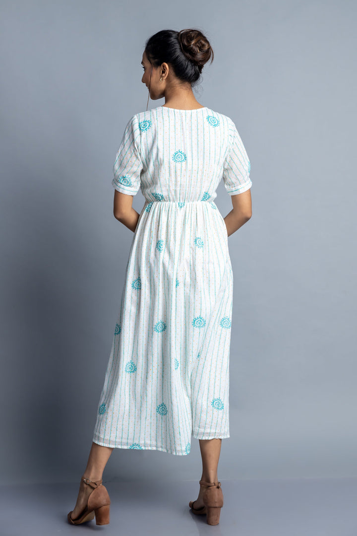 Turquoise Hand-Block Printed Maxi Dress