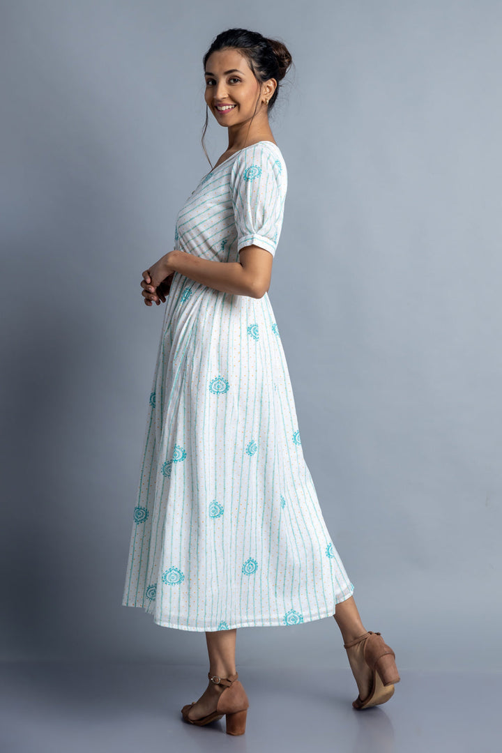 Turquoise Hand-Block Printed Maxi Dress