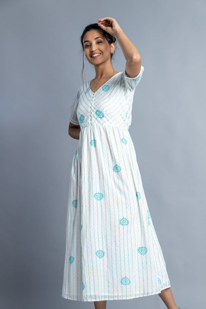 Turquoise Hand-Block Printed Maxi Dress