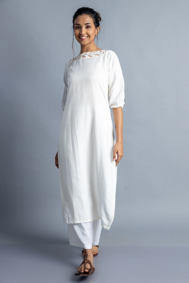 White Hand-Embroidered Kurti and Pant