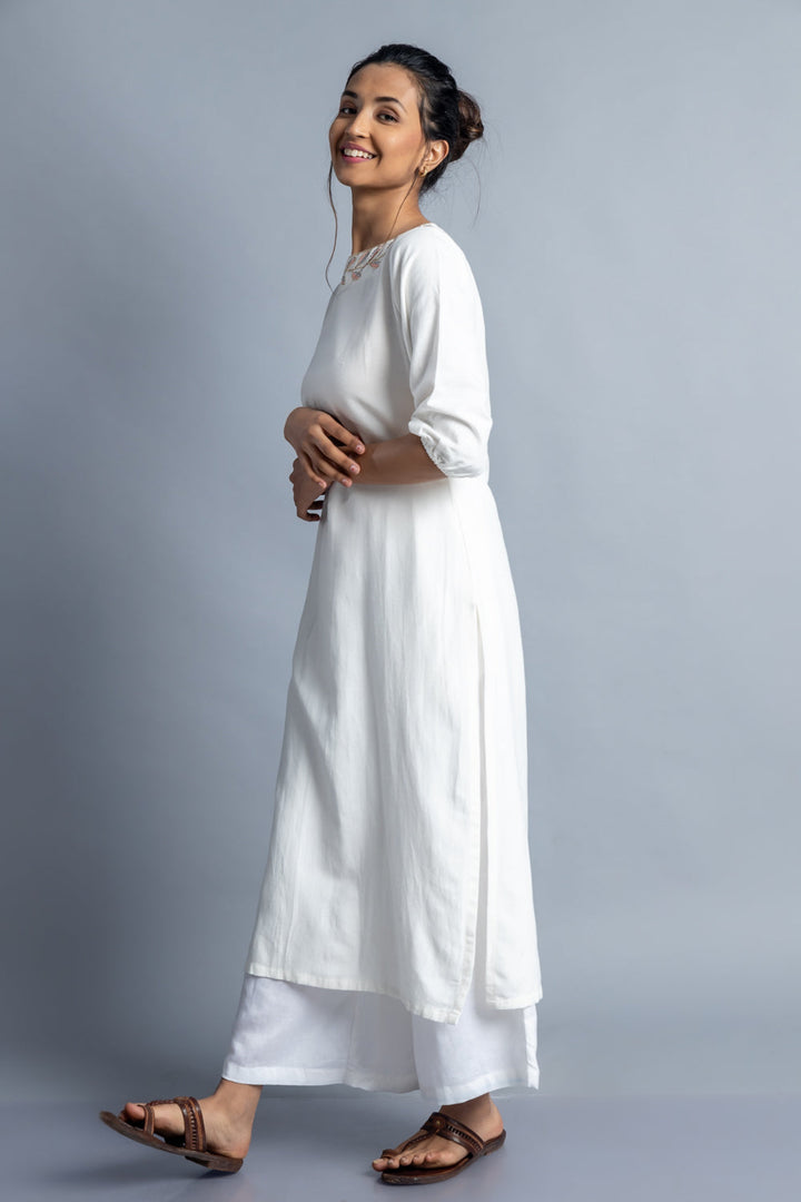 White Hand-Embroidered Kurti and Pant