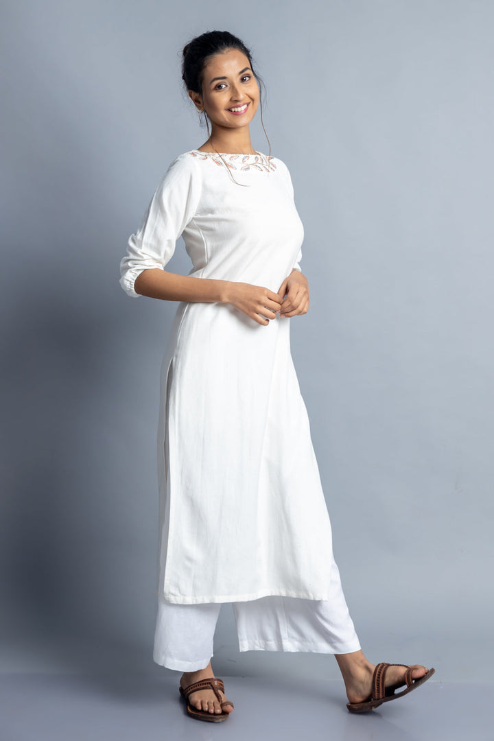 White Hand-Embroidered Kurti and Pant