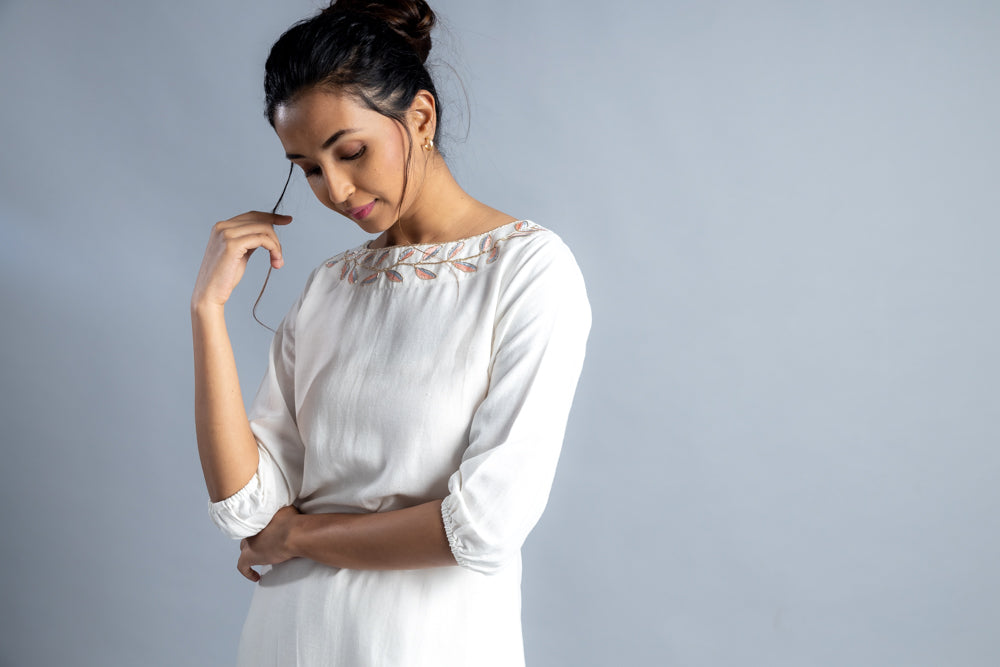 White Hand-Embroidered Kurti and Pant